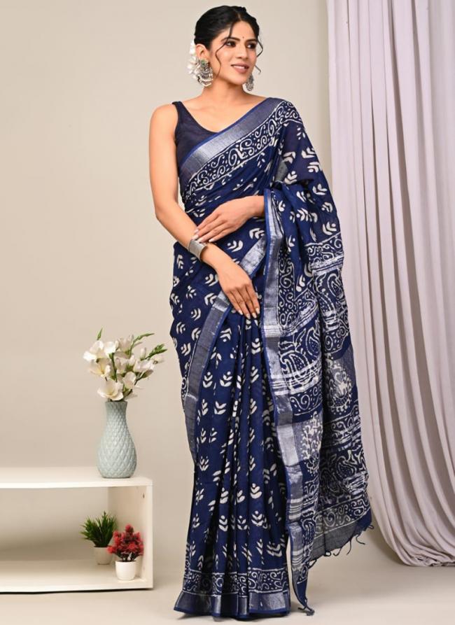 Pure Linen Cotton Navy Blue Casual Wear Pure Hand Work Saree